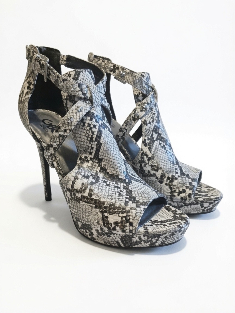 G by Guess Snake-Print Crisscross Peep Toe Heels - Black & White